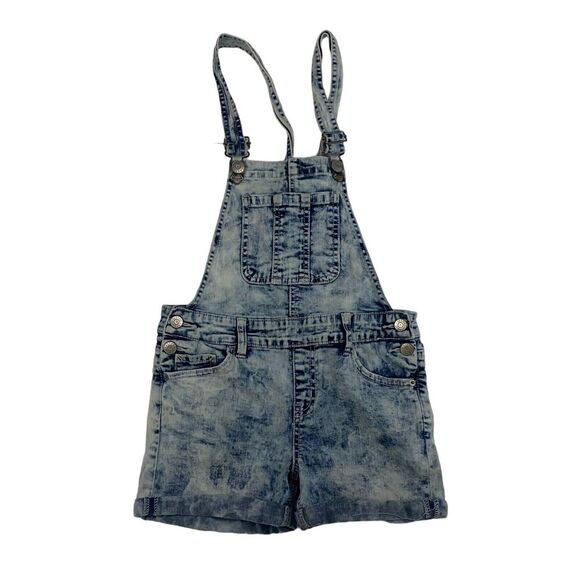Justice Girls Shortalls Overalls Shorts Sz 12 Denim Blue Jean Acid Wash Stretch - Picture 1 of 8